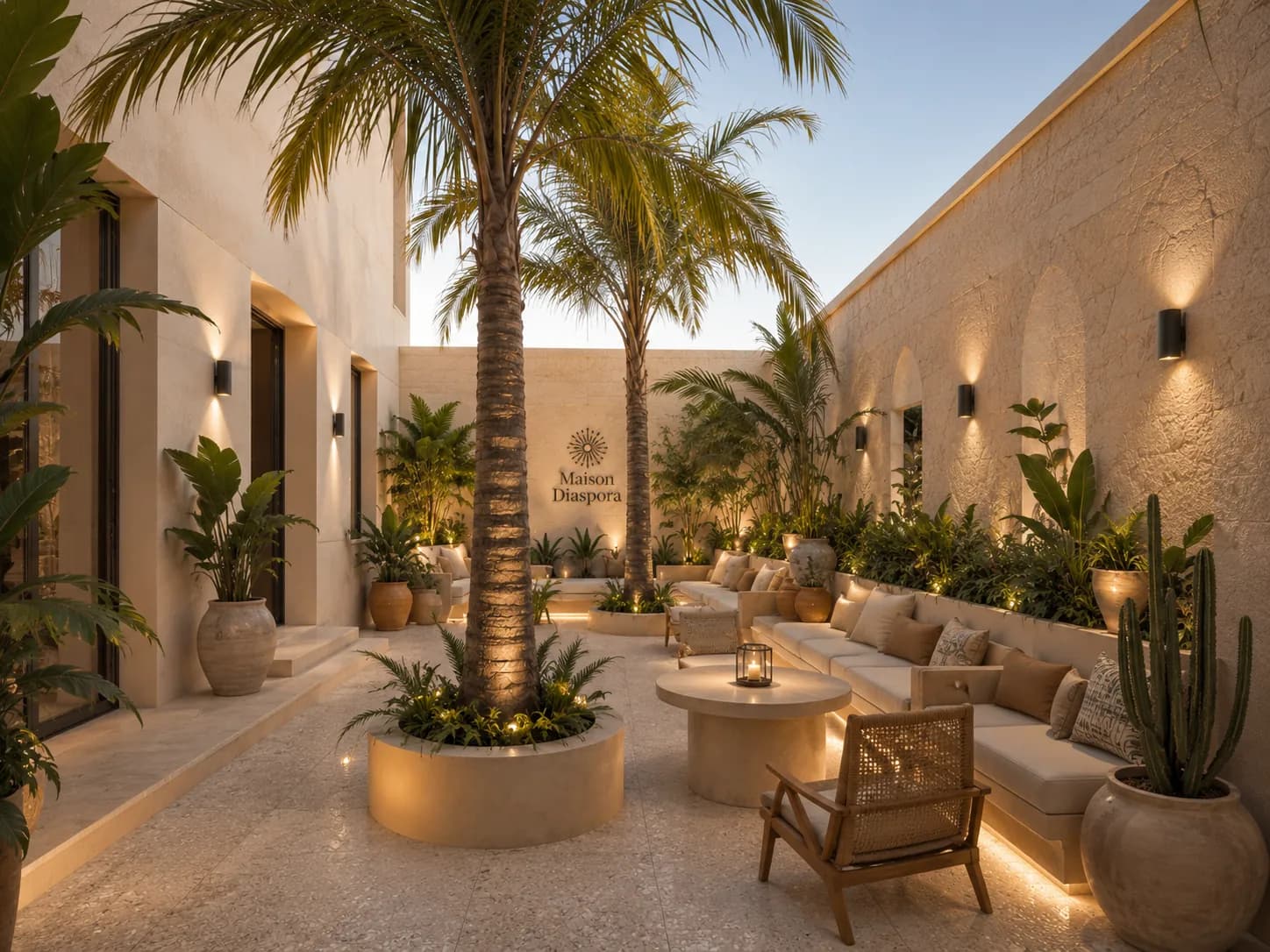 Patio végétalisé en cœur d'immeuble avec palmier